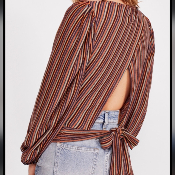 Free People Blouse M Autumn Nights Striped Southwestern Cropped Open Back Tie - Picture 1 of 4